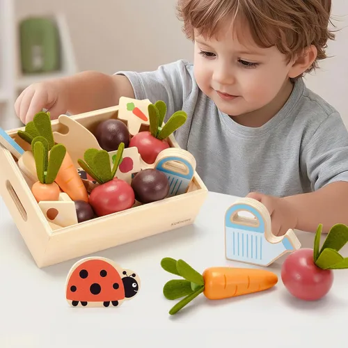 Miniatura 2 de Juguete de jardín de verduras de madera para niños pequeños de 3 años, juego de cosecha y clasificación con jardinera, juguete de aprendizaje motor