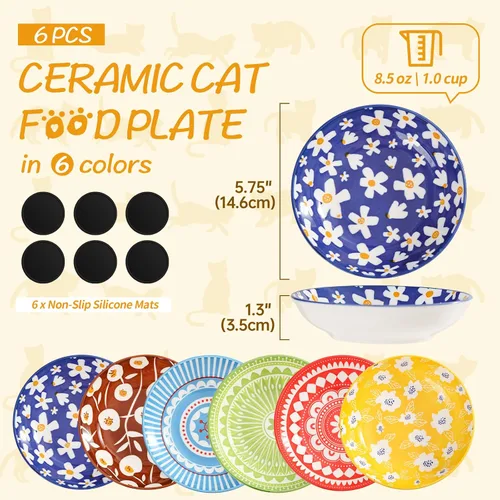 Miniatura 2 de Fairy Tales - Juego de 6 cuencos de cerámica coloridos para gatos, platos de alimentación con alfombrilla antideslizante, plato ancho poco profundo