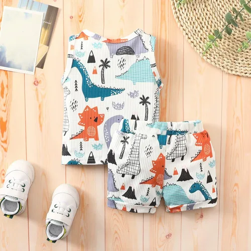 Miniatura 3 de Conjunto de ropa de 2 piezas de ropa de 2 piezas con estampado de dinosaurios de dibujos animados y pantalones cortos con cordón