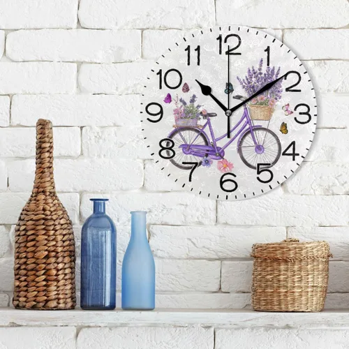 Miniatura 3 de ALAZA Reloj de pared violeta para bicicleta, color lavanda, flores moradas, con mariposas, funciona con pilas, sin tictac, cuarzo silencioso