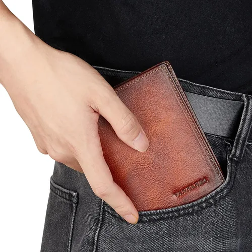 Miniatura 4 de Billetera de cuero de grano completo para hombres con RFID plegable con ventana de identificación lateral abatible 2, Amarillo Marrón, Classic