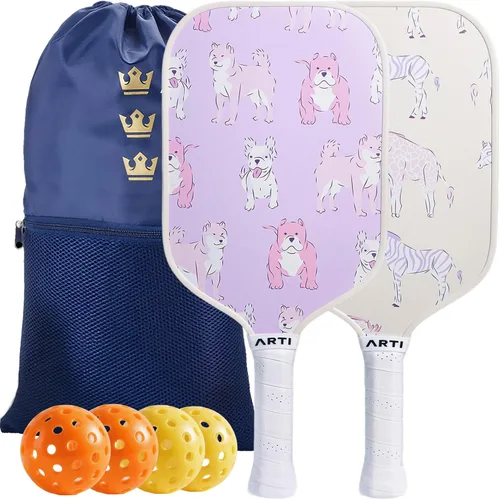 ARTI Juego de 2 palas de pickleball aprobadas por USAPA, 2 raquetas de pickleball, 4 bolas y 1 bolsa de transporte portátil Perros y jirafas