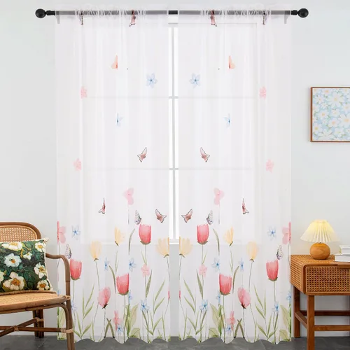 Miniatura 2 de youleyar Cortinas traslúcidas florales para sala de estar, 2 paneles de 54 pulgadas de largo, cortinas semitransparentes blancas con estampado
