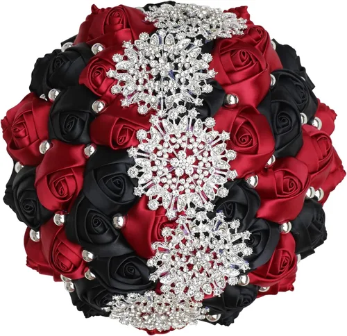 Miniatura 15 de XINNI Ramo de boda nupcial hecho a mano novia dama de honor satén rosa ramo de flores con diamantes de imitación perla encaje decoración de boda