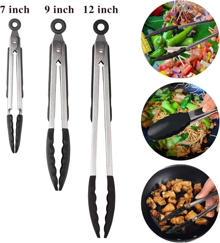 Miniatura 5 de Juego de 3 pinzas de cocina - 7, 9, 12 pulgadas, resistente, antiadherente, silicona, de acero inoxidable