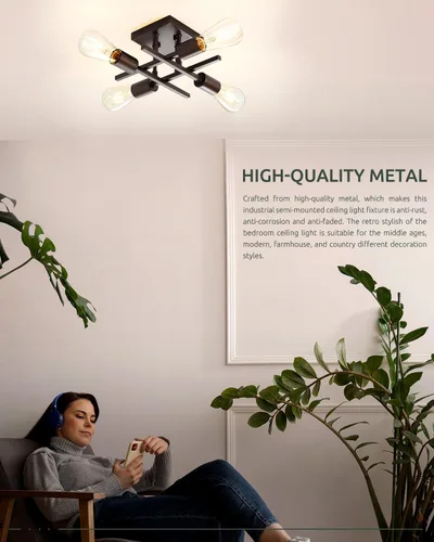 Miniatura 5 de Lámpara industrial de techo semiempotrada de 4 luces, lámpara de araña negra de granja, moderna lámpara de techo Sputnik con base E26 para cocina