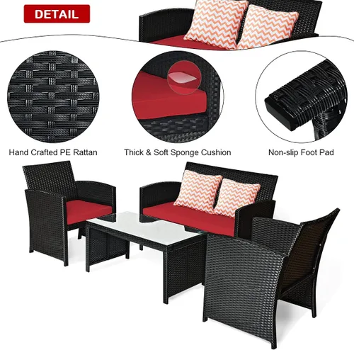 Miniatura 6 de COSTWAY Juego de muebles de ratán de patio de 4 piezas, juego de conversación de mimbre para exteriores con cojines suaves y mesa de centro de Rojo
