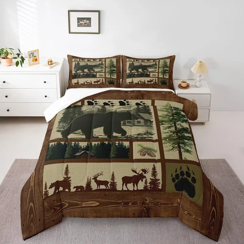 Miniatura 18 de Manfei Rutic Farmhouse - Juego de edredón tamaño King, juego de ropa de cama de retazos de madera a cuadros de ciervo, oso, árbol, 3 piezas