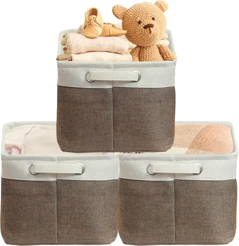 Miniatura 22 de Simple Houseware Cubos de almacenamiento de tela grandes de 13 x 13 pulgadas para armario y organizador de cubos, paquete de 3, color beige