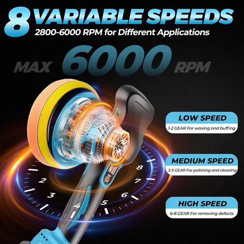 Miniatura 2 de Pulidora de búfer para automóvil con 2 baterías de 2000 mAh 21 V, 8 velocidades variables, máquina pulidora de automóvil inalámbrica con kit de Azul