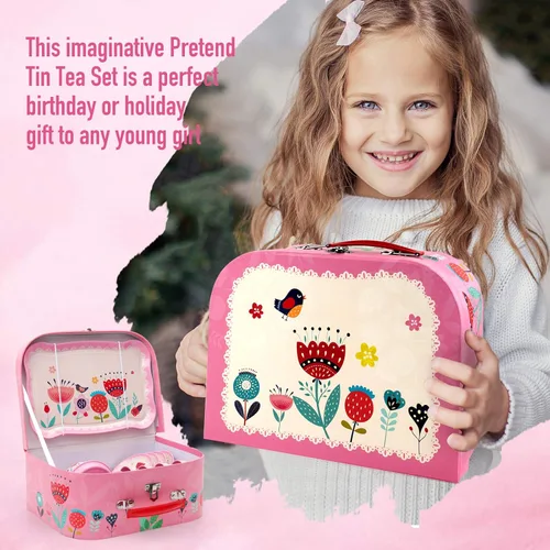 Miniatura 7 de D-FantiX Juego de té para niños y niñas, 15 piezas, juego de fiesta de té de lata rosa para niños pequeños, juego de té de la tarde con teteras