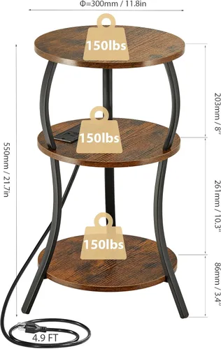 Miniatura 3 de Mesa auxiliar redonda pequeña con estación de carga, mesa auxiliar circular con cintura de 3 niveles con estante de almacenamiento, mesa auxiliar