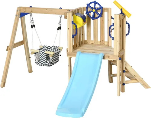 Miniatura 9 de Outsunny Juego de columpios para patio trasero, juego de madera para exteriores con asiento de columpio para bebé, tobogán para niños, fuerte, Rojo