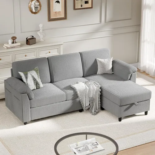 Miniatura 9 de Sofás seccionales para sala de estar, sofá en forma de L con bolsillo lateral de almacenamiento, cómodos sofás de 3 asientos para apartamento, gris
