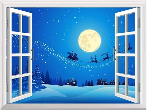 Miniatura 15 de wall26 Mural de pared de dibujos animados de Papá Noel y renos volando sobre la azotea en Nochebuena, 24 x 32 pulgadas
