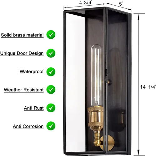Miniatura 4 de Farol de pared de latón macizo para exteriores, lámpara de porche exterior con vidrio templado, iluminación de pared rectangular impermeable