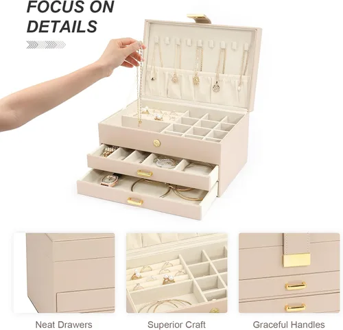 Miniatura 3 de V-LAFUY Organizador de joyas, organizador de joyas medio y almacenamiento, caja de joyería de 3 niveles con 2 cajones, cajas de joyería