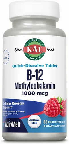 KAL Vitamina B12 Metilcobalamina 1000mcg, energía saludable, metabolismo, nervios y apoyo de glóbulos rojos,* ActivMelt de disolución rápida,