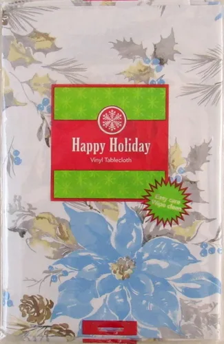 Miniatura 8 de Happy Holiday Mantel trasero de franela de vinilo con diseño de flor de pascuas azul acuarela, acebo, piñas y muérdago (52 x 70 pulgadas, oblongo)