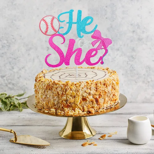 Miniatura 6 de Él or She Gender Reveal Cake Topper - Decoración para pastel de béisbol o lazos para niño o niña, suministros de anuncio de embarazo azul o rosa