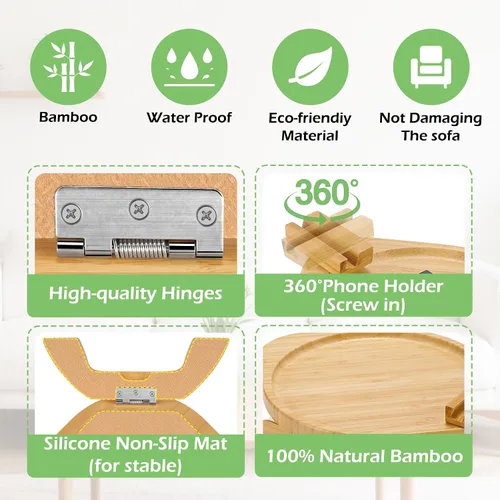 Miniatura 6 de SINWANT Mesa de brazo para sofá, bandeja redonda de bambú con clip para sofá con soporte para teléfono de 360°, mesa plegable para reposabrazos