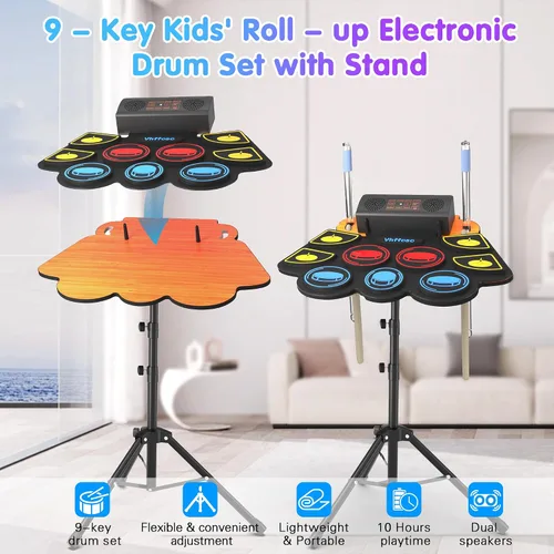 Miniatura 3 de Juego de batería eléctrica para niños, almohadilla electrónica con baquetas iluminadas y soporte de batería, altavoces dobles integrados y batería