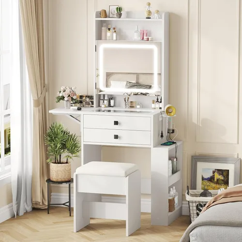 Miniatura 8 de Vabches Escritorio pequeño de maquillaje, 3 espejos iluminados ajustables, juego de tocador blanco, panel plegable, estación de carga, parte