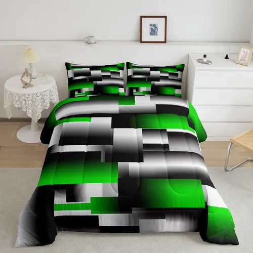 jejeloiu Juego de edredón abstracto verde, gris y negro, tamaño individual, juego de ropa de cama de arte geométrico moderno, edredón rectangular