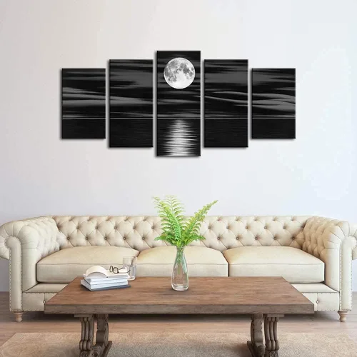Miniatura 6 de Wieco Art Lienzo impreso con diseño de luna llena en la noche, diseño de playa en blanco y negro para sala de estar, dormitorio, cocina, decoración
