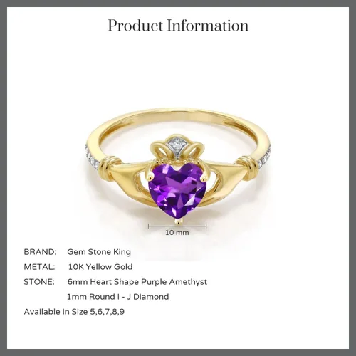 Miniatura 82 de Gem Stone King Anillo de compromiso claddagh celta irlandés de oro amarillo de 10 quilates con piedra preciosa en forma de corazón de 0.236 in