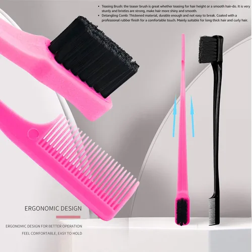 Miniatura 7 de Foxi Fresh - Peine de doble cara para control de bordes, 2 unidades, color rosa y negro Combo (rosa y negro)