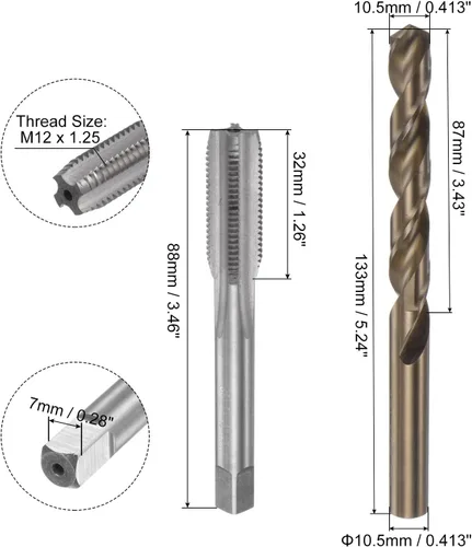 Miniatura 2 de uxcell Juego de grifos y brocas, M12 x 1.25 H2 rectos, fresadora de roscas para máquina de flauta recta, 0.413 in de acero cobalto M35 de alta