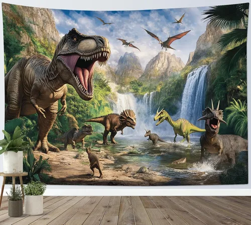 Miniatura 6 de HVEST Tapiz de dinosaurio salvaje y antiguo depredador para colgar en la pared, bosque tropical con árboles verdes y montañas, tapices de pared