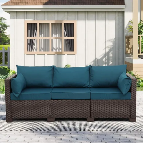 Miniatura 12 de Rattan Star Muebles de exterior, sofá de 3 plazas, sofá de mimbre marrón para exteriores, asiento profundo, respaldo alto, sofá de patio con cojines