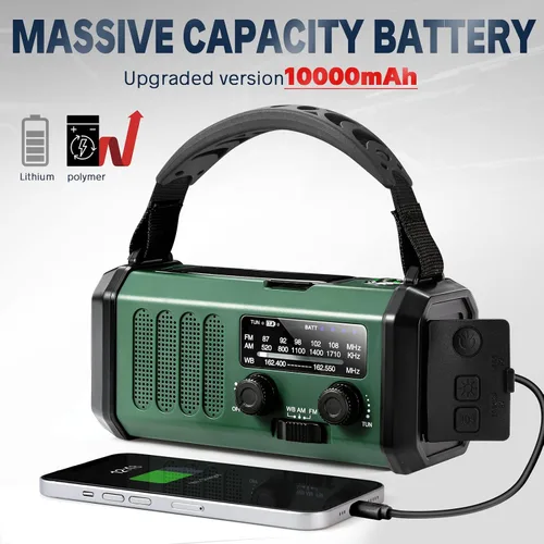 Miniatura 3 de Radio de emergencia con manivela de 10000 mAh, radio meteorológica NOAA con radio AM/FM y solar, batería recargable, linterna y luz de lectura