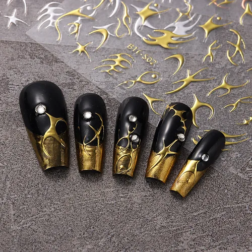 Miniatura 3 de Calcomanías de arte de uñas doradas, diseño de sol, luna, estrellas, línea de corazón, flores, calcomanías autoadhesivas para uñas, calcomanías