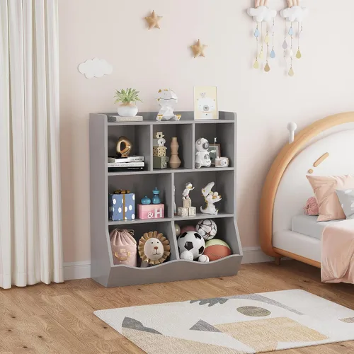Miniatura 7 de Estantería infantil de tres niveles y organizador de almacenamiento de juguetes, estantería multifuncional con 5 cubos abiertos y 2 cajas inclinadas