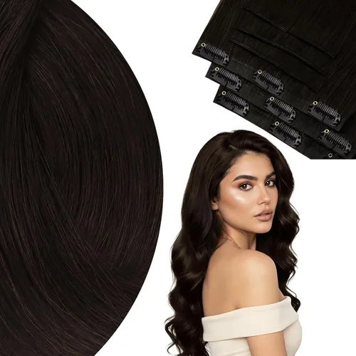 Miniatura 9 de Ve Sunny Extensiones de cabello clip-in de cabello humano real con reflejos, extensiones de cabello con clip para cabello corto, marrón oscuro