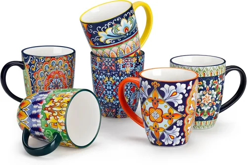 vancasso Juego de 6 tazas de café de 12 onzas, taza de cerámica con asa, tazas de café boho para café con leche, capuchino y chocolate caliente,