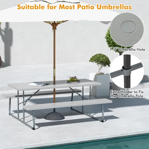 Miniatura 4 de Tangkula Mesa de picnic plegable de 6 pies, mesa de picnic al aire libre con 2 bancos integrados, agujero para paraguas, marco de metal y mesa