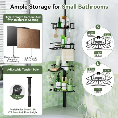 Miniatura 2 de Organizador de ducha esquinero con poste de tensión, organizador de ducha de baño ajustable de 4 niveles con soporte para jabón, estantes de ducha
