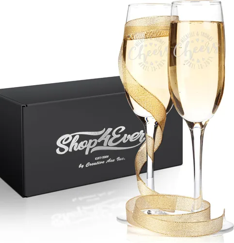 Juego de 2, copas de champán personalizadas para boda, 8 onzas, grabado personalizado con nombres y fecha, flautas de brindis para novia, novio,