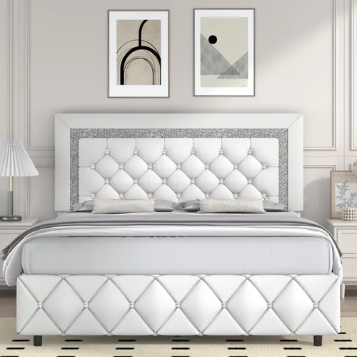 Miniatura 11 de Base de cama individual, plataforma de piel sintética con cabecera tapizada de diamante, base de colchón con fuerte soporte de listones de madera
