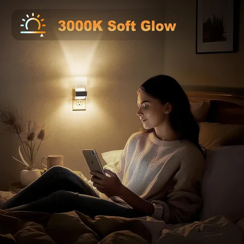 Miniatura 5 de JandCase Luces nocturnas enchufables a la pared, sensor de atardecer a amanecer, LED blanco suave de 3000 K, diseño acrílico, brillo ajustable de 0