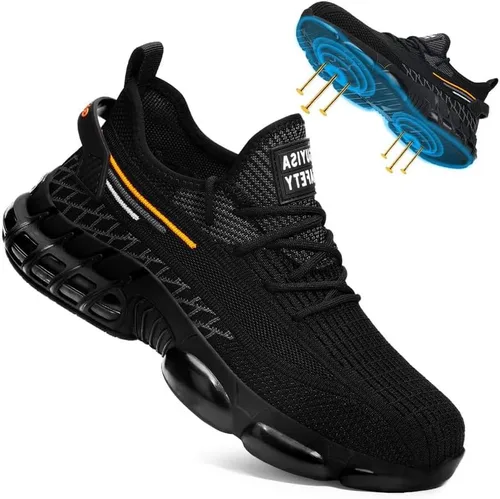 BAIYIJIA Zapatos de punta de acero para hombre, zapatos de trabajo antideslizantes para construcción con amortiguación de aire, zapatos