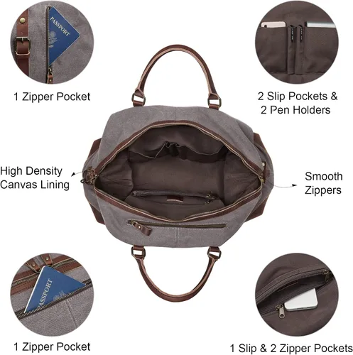 Miniatura 23 de S-ZONE - Bolsa de viaje de lona sobredimensionada con adornos de cuero genuino, bolsa deportiva de hombro de fin de semana, bolso de fin de semana