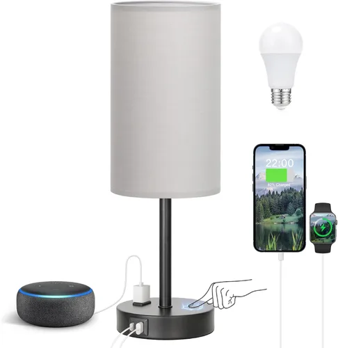 Miniatura 8 de Fenmzee Juego de lámparas de mesa pequeñas táctiles regulables de 2 a 3 vías, carga USB A + C, salida de CA, base de grano de madera, bombillas