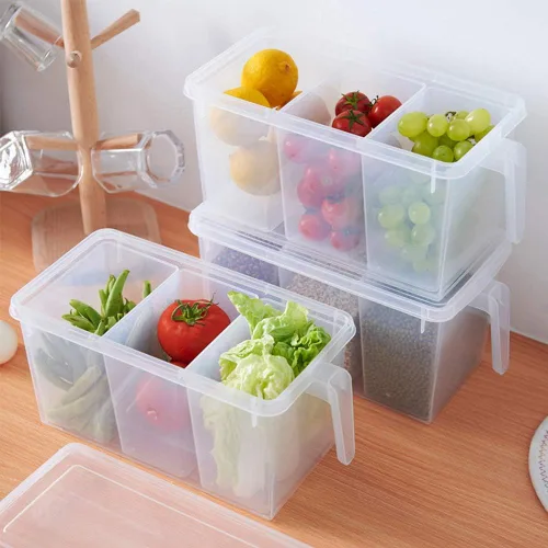 Miniatura 6 de Paquete de 2 recipientes de almacenamiento de plástico divididos para verduras con tapas y asas para almacenamiento de refrigerador, cajas