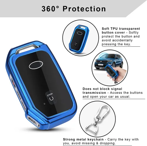 Miniatura 4 de QBUC Funda para llavero KIA, funda para llavero con llavero para Kia Ceed Cerato Forte, etc. (1 botón o no solo en la superficie frontal) (azul)