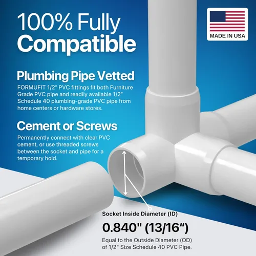 Miniatura 6 de FORMUFIT F0124WT-WH-10 Unión en T de PVC de 4 vías, grado de mobiliario, 1/2 pulgada, color blanco, fabricada en EE. UU., resistente a los rayos UV